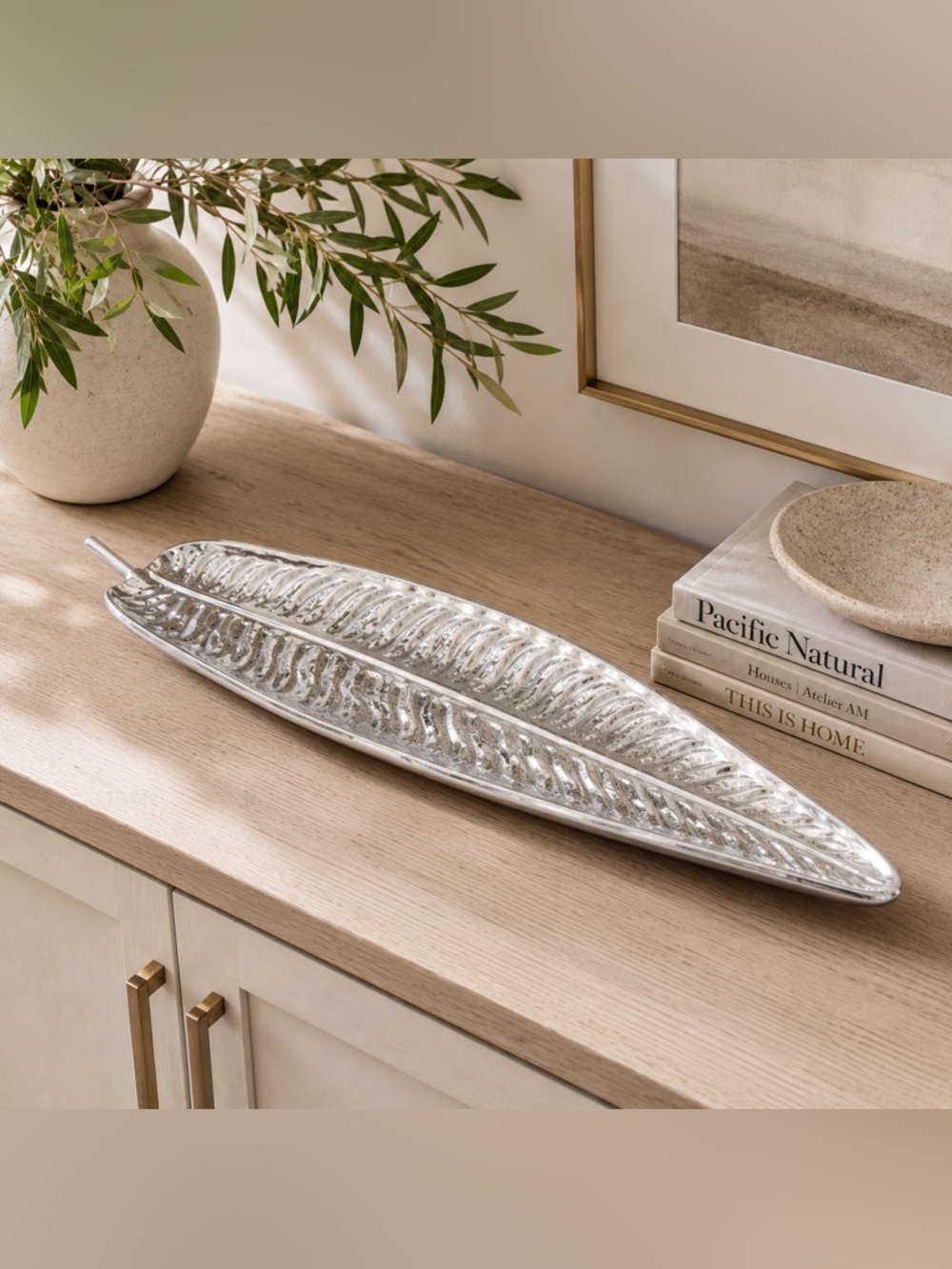 22.5” Oversized Silver Leaf Tray Modern Organic Decor